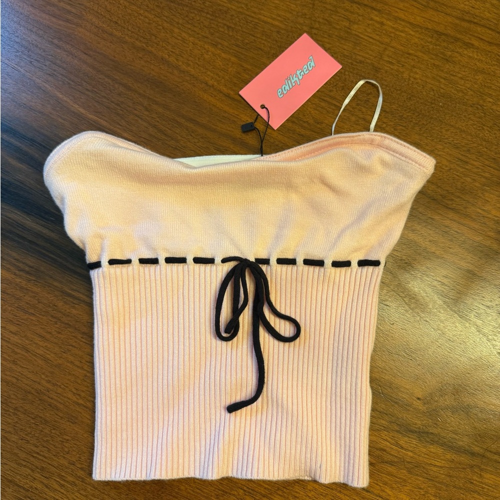 Edikted Light Pink Ribbed Top with Black Accents